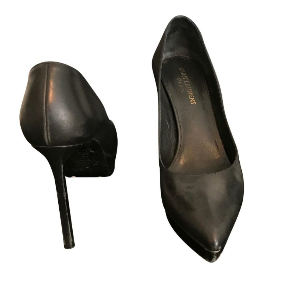 SAINT LAURENT Black Leather Seta Calf Wedge Lumps